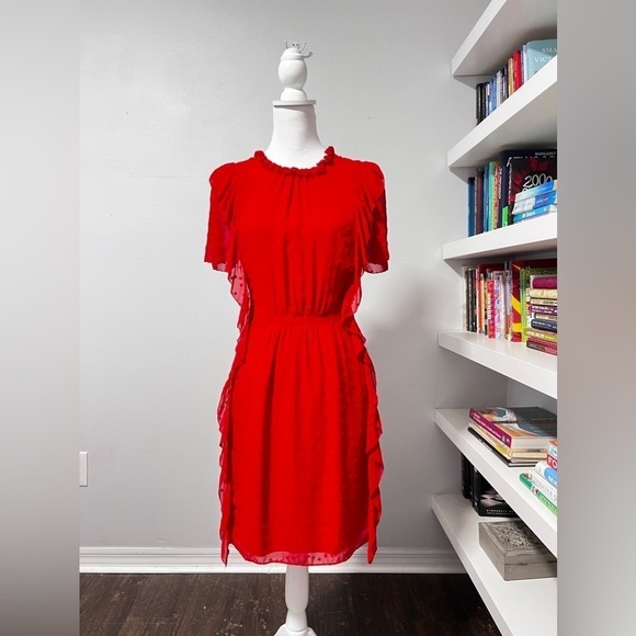 Monique Lhuillier Red Chiffon Ruffle Floral Flutter Sleeve Dress size 10 - Picture 2 of 15